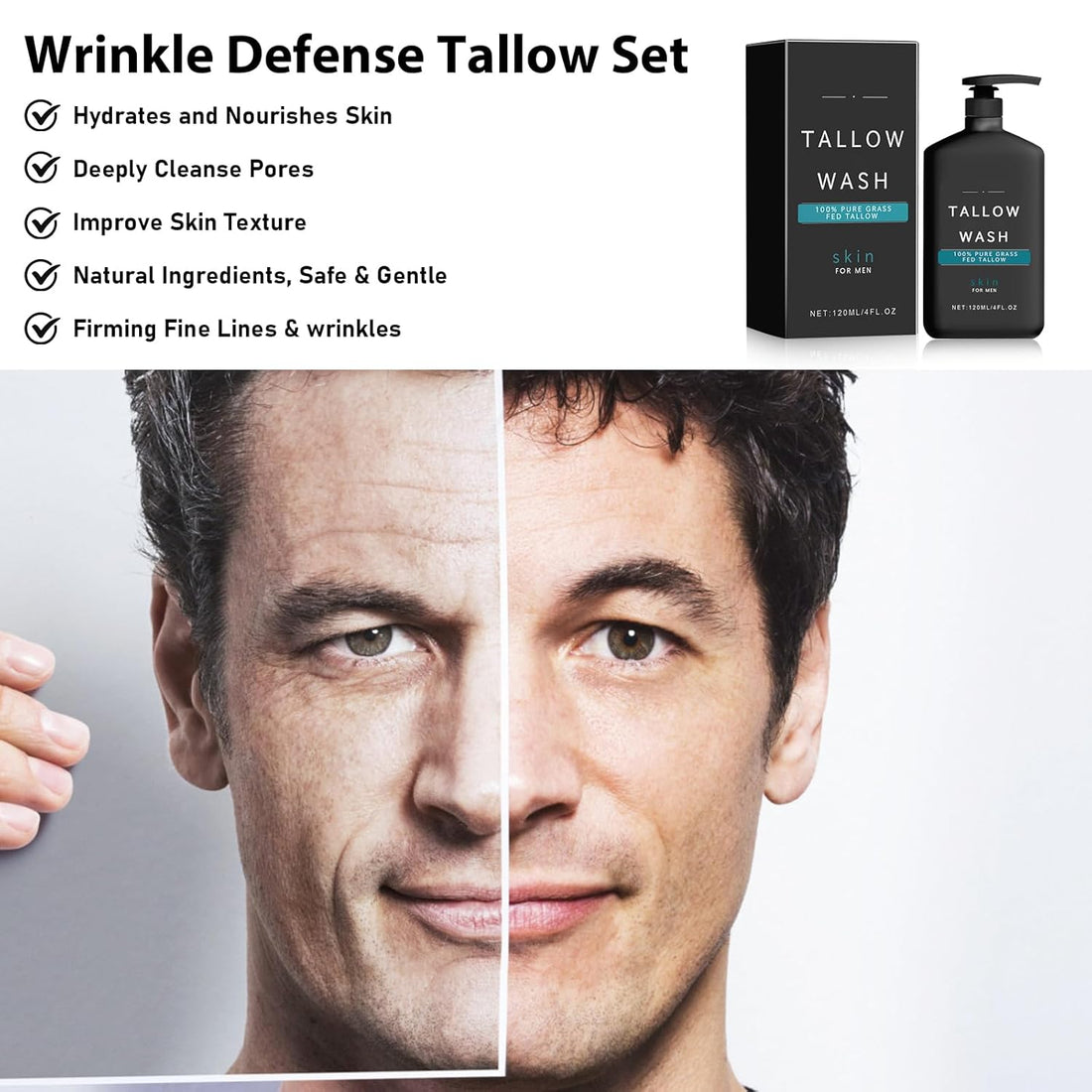 Wrinkle Defense Tallow Balm,Skin Care for Men,3 in 1 Mens Face Care Set (Tallow Cream+Tallow Night Serum+Face Wash),Natural Tallow Moisturizer for Face, Reduce Fine Lines and Wrinkles - Timeless Beauty