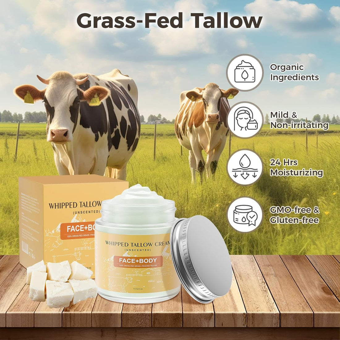 Beef Tallow for Skin, Premium Whipped Tallow Balm, Beef Tallow Moisturizer for Repairing Damaged Dry Skin, Grass Fed Beef Tallow for Skin Hydration, 4 Oz (BERGAMOT LAVENDER) - Timeless Beauty