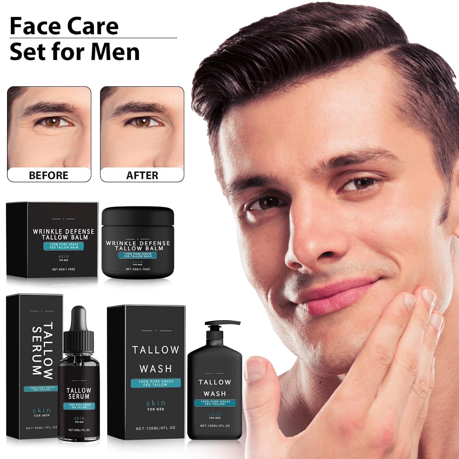 Wrinkle Defense Tallow Balm,Skin Care for Men,3 in 1 Mens Face Care Set (Tallow Cream+Tallow Night Serum+Face Wash),Natural Tallow Moisturizer for Face, Reduce Fine Lines and Wrinkles - Timeless Beauty
