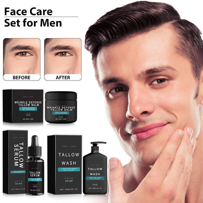 Wrinkle Defense Tallow Balm,Skin Care for Men,3 in 1 Mens Face Care Set (Tallow Cream+Tallow Night Serum+Face Wash),Natural Tallow Moisturizer for Face, Reduce Fine Lines and Wrinkles - Timeless Beauty