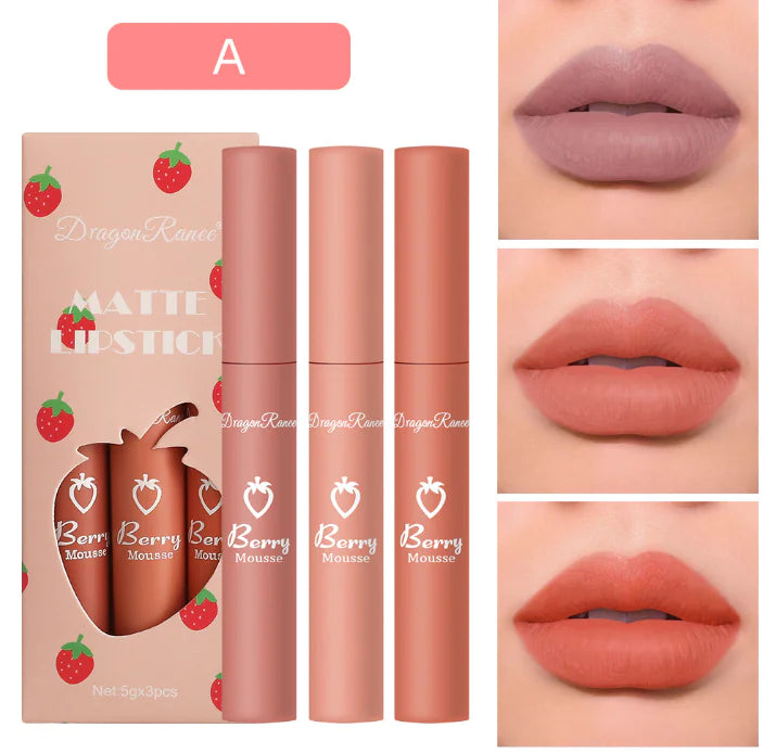3-Piece Strawberry Matte Velvet Lip Set - Timeless Beauty