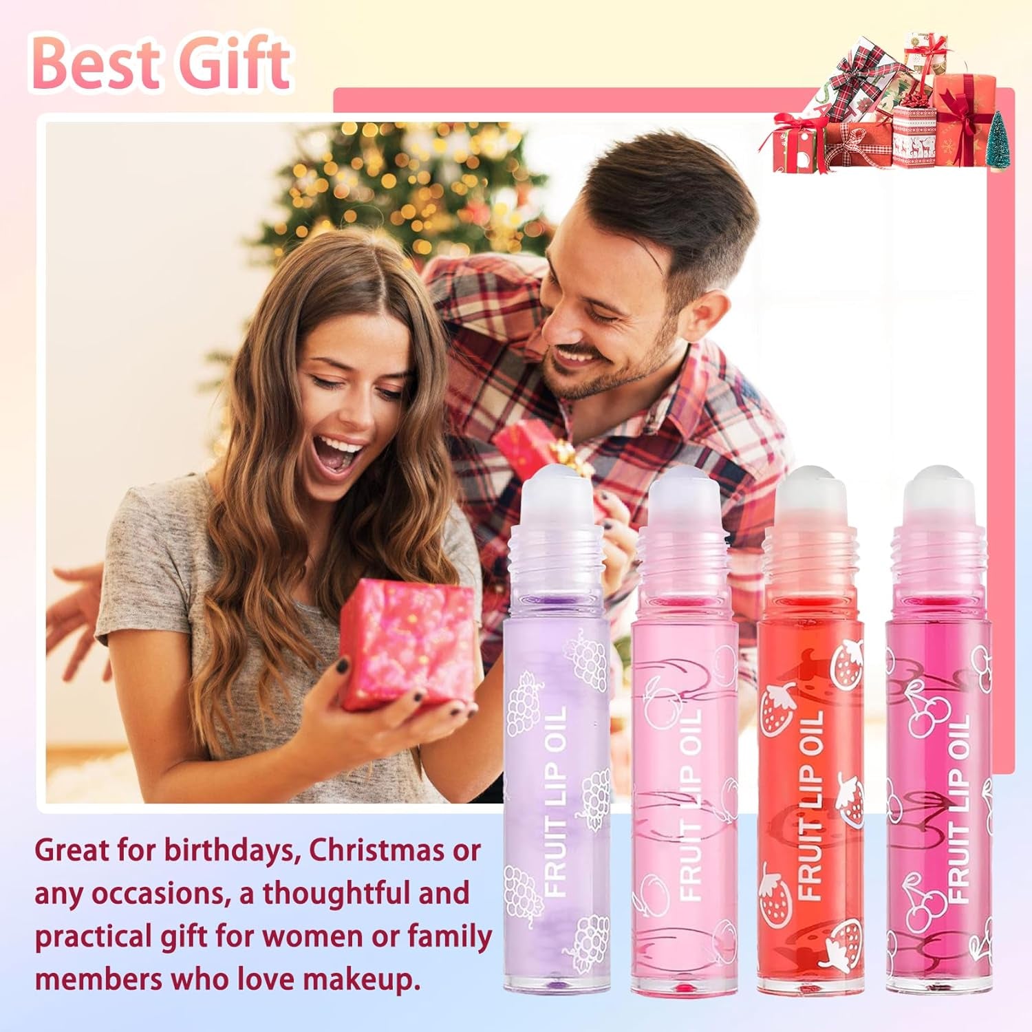 4-Piece Lip Oil Set, Moisturizing Transparent Lip Glow Oil, Fruit-Flavored Hydrating Roll-On Plumping Gloss, Long-Lasting Non-Sticky Shine Makeup Gift Kit