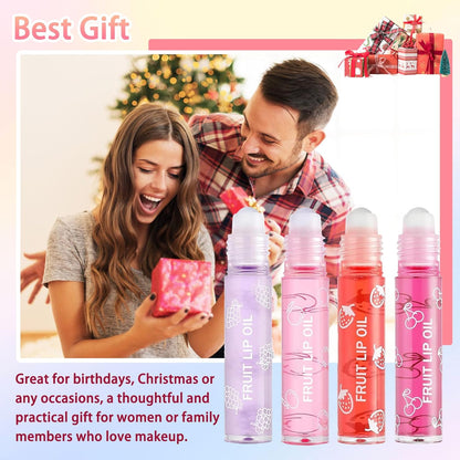 4-Piece Lip Oil Set, Moisturizing Transparent Lip Glow Oil, Fruit-Flavored Hydrating Roll-On Plumping Gloss, Long-Lasting Non-Sticky Shine Makeup Gift Kit