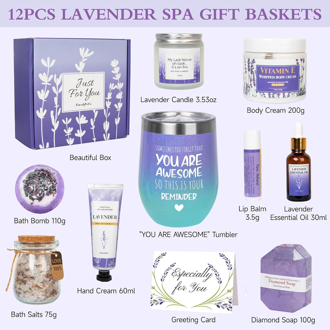Lavender Gifts for Women - Care Package Relaxing Gifts - Lavender Spa Gifts Set, Self Care Gift for Women, Gift Baskets for Women Her Friend Sister Mom Wife, Christmas Lavender Gift Basket Ideas - Timeless Beauty