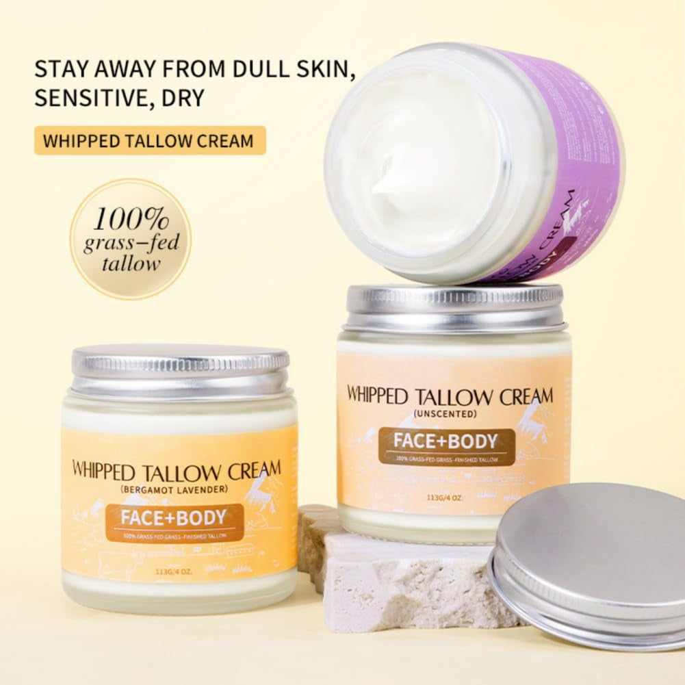 Beef Tallow for Skin, Premium Whipped Tallow Balm, Beef Tallow Moisturizer for Repairing Damaged Dry Skin, Grass Fed Beef Tallow for Skin Hydration, 4 Oz (BERGAMOT LAVENDER) - Timeless Beauty