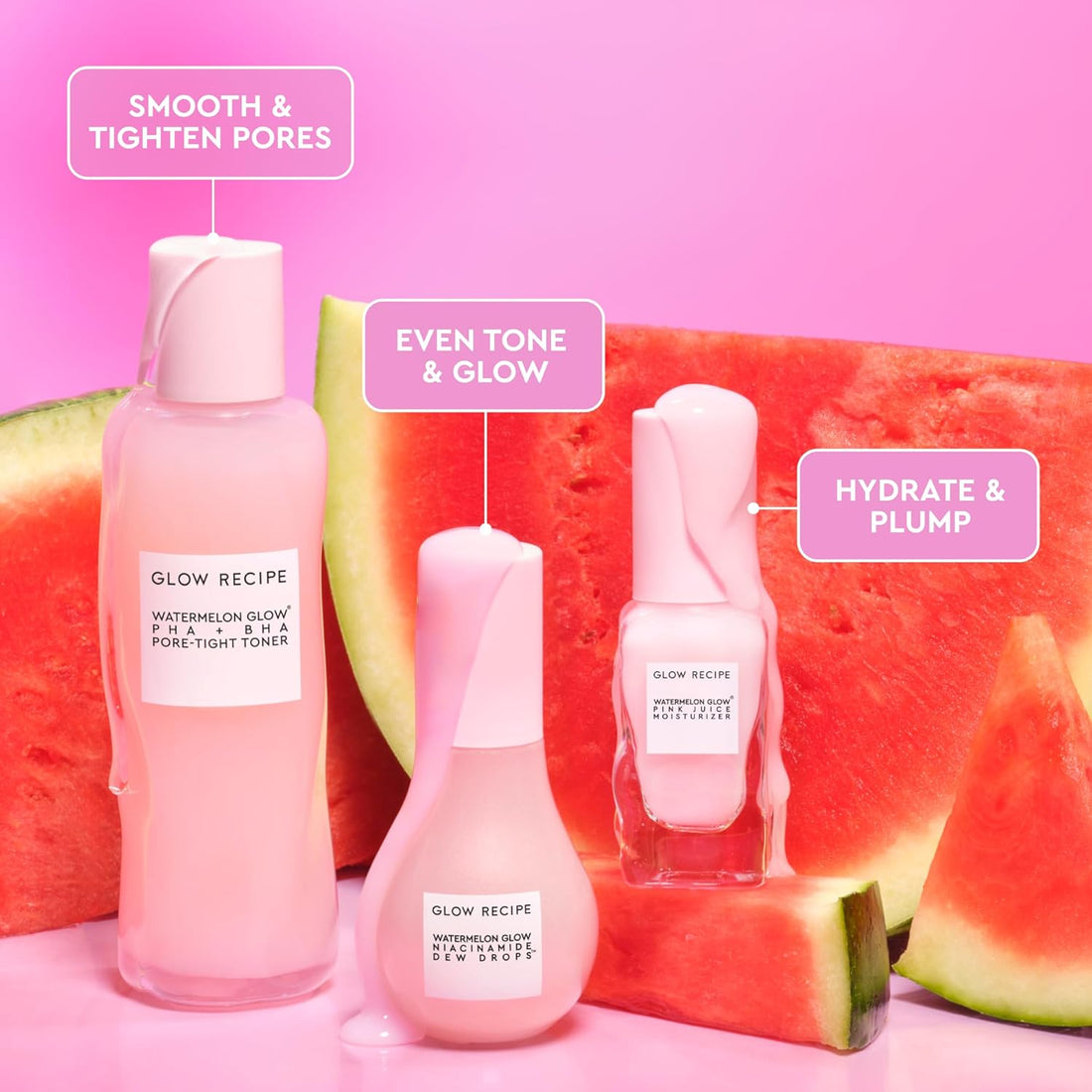 Watermelon Glow Icons Skin Care Gift Set - Niacinamide Dew Drops Face Serum + PHA + BHA Pore Minimizing Toner with Hyaluronic Acid + Pink Juice Facial Moisturizer (3 Count) - Timeless Beauty