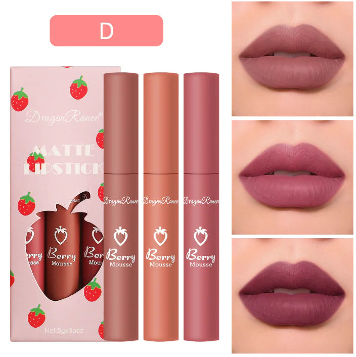 3-Piece Strawberry Matte Velvet Lip Set - Timeless Beauty
