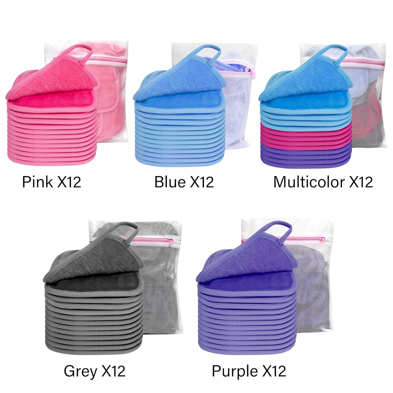 Reusable Makeup Remover Cloths - 12 Pack Microfiber Face Wash Pads with Washable Travel Bag, 6x6 Inches, Gentle Cleansing with Just Water