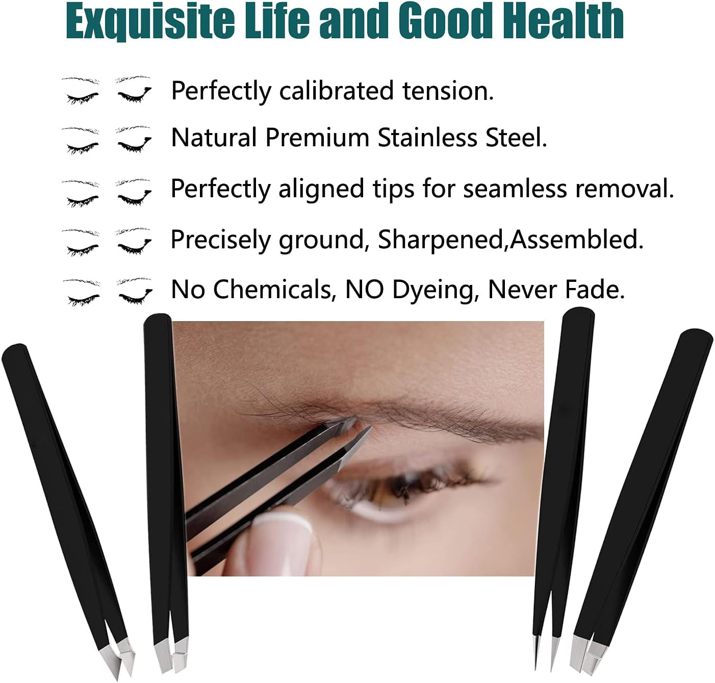 4-Piece Precision Tweezers Set with Travel Case - Professional Anti-Rust Alloy Tweezers for Eyebrow, Facial Hair, and Ingrown Hair Removal for Both Men and Women