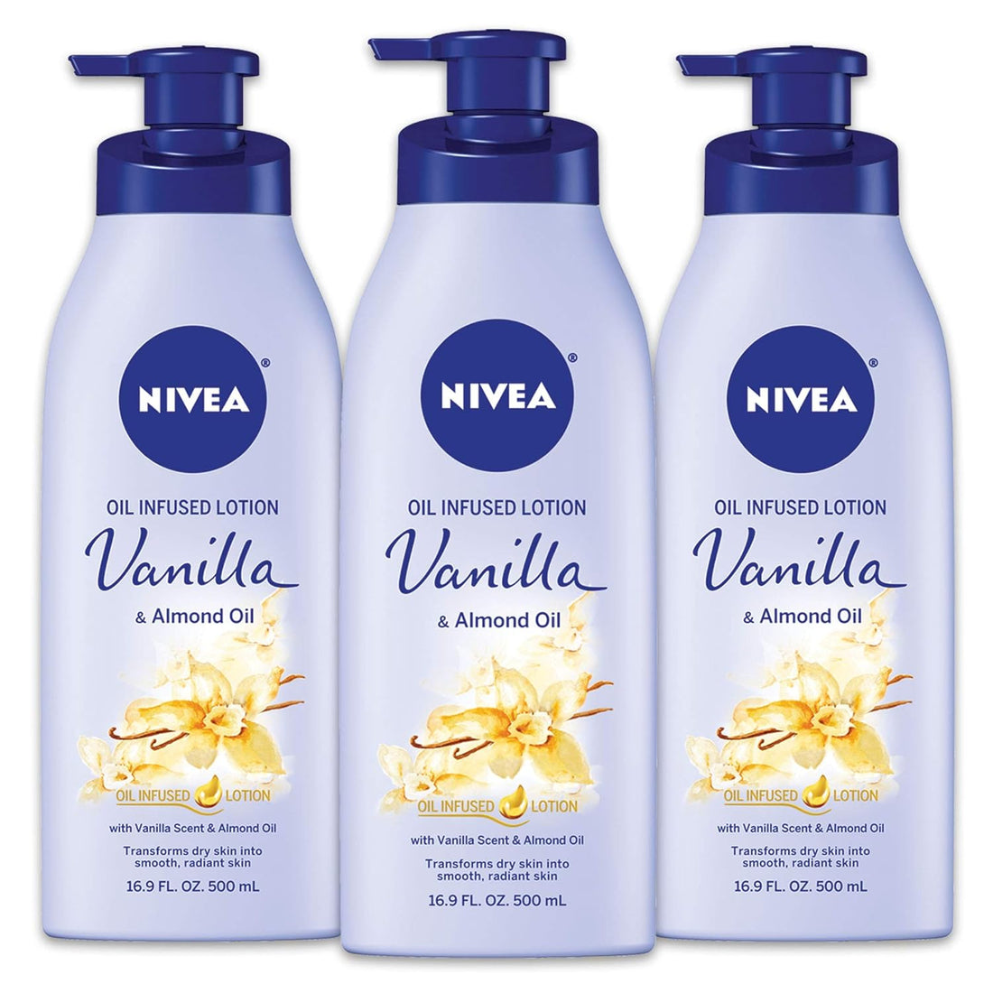Vanilla and Almond Oil Infused Body Lotion for Women, Fast-Absorbing, Non-Greasy Formula, 48-Hour Moisturization, 16.9 Fl Oz Pump Bottle, Pack of 3