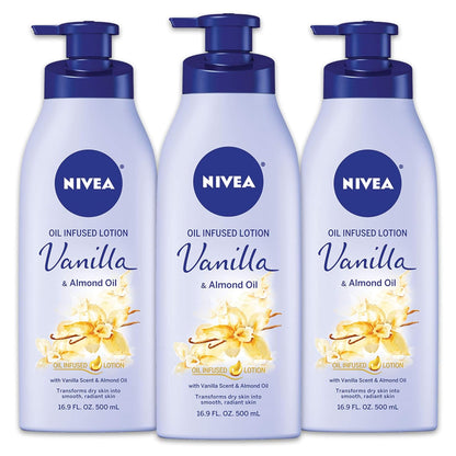 Vanilla and Almond Oil Infused Body Lotion for Women, Fast-Absorbing, Non-Greasy Formula, 48-Hour Moisturization, 16.9 Fl Oz Pump Bottle, Pack of 3