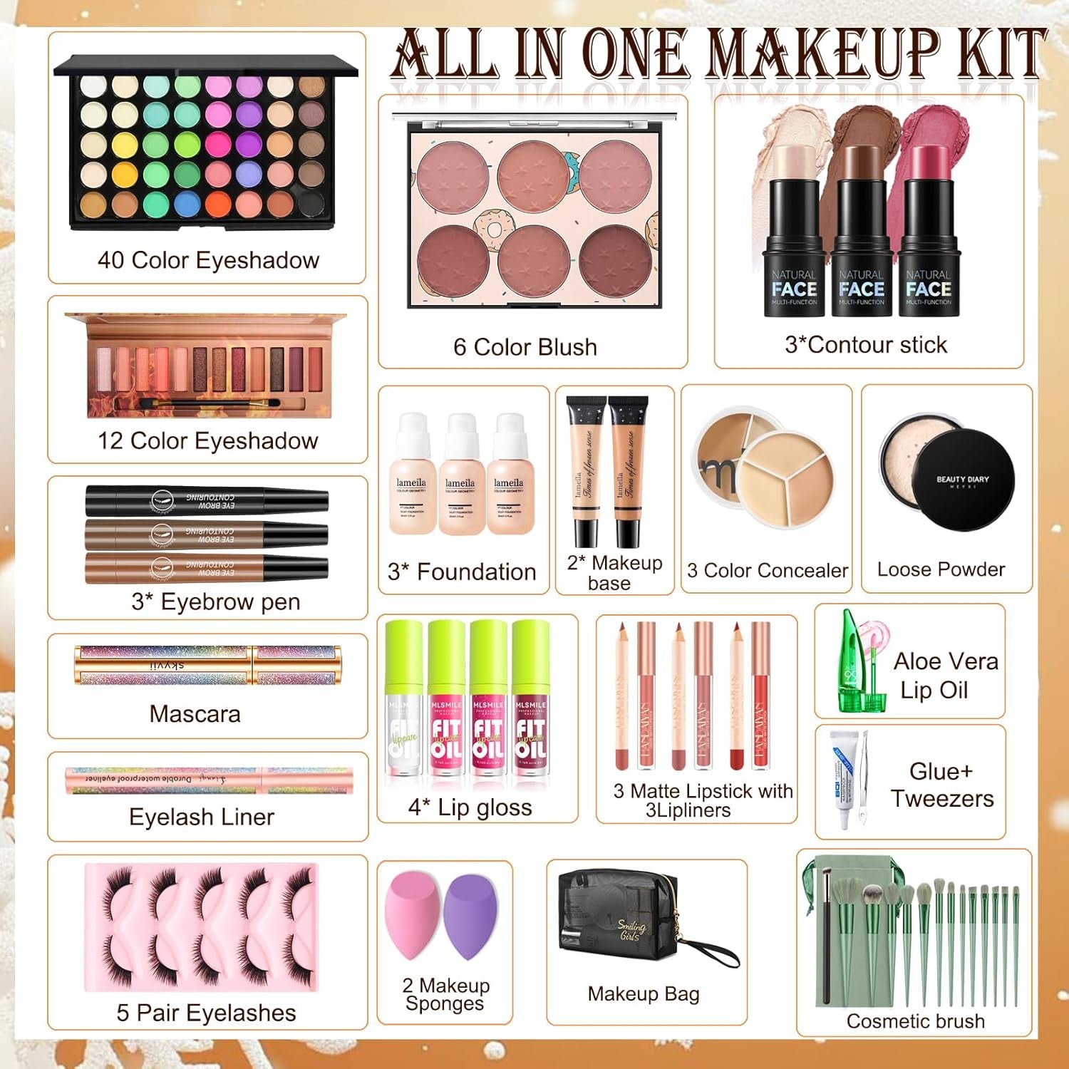 Comprehensive Girls Makeup Kit: 40-Color Eyeshadow Palette, Foundation, Contour Stick, and Additional Essentials