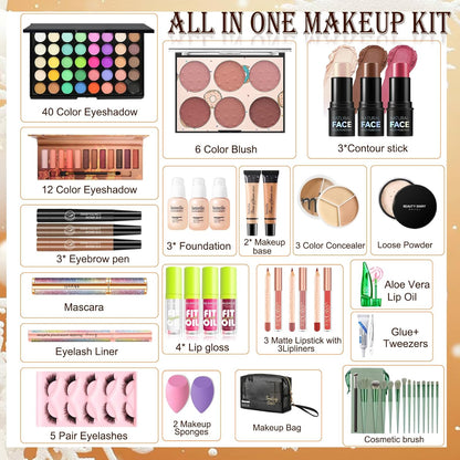 Comprehensive Girls Makeup Kit: 40-Color Eyeshadow Palette, Foundation, Contour Stick, and Additional Essentials