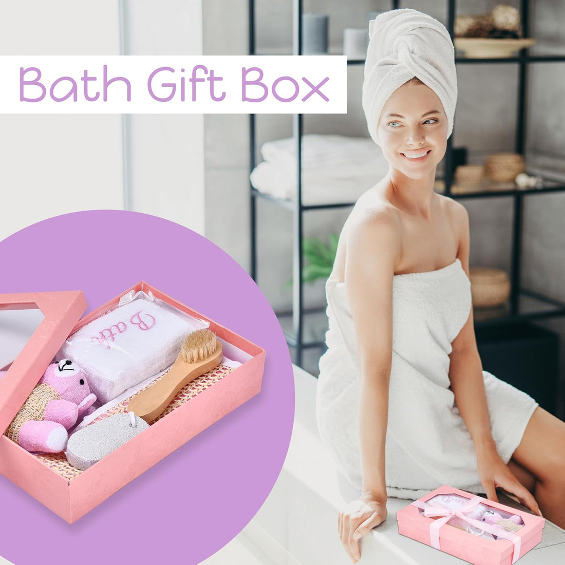 Bath Gift Box - 5-Piece - Toiletries Gift Baskets for Self-Care - 9.8X4 Inch - Shower Body Wash Kit - Complete Hygiene Care Package with Brush, Pumice Stone, and 2 Sponges (Bear) - Pink - Timeless Beauty