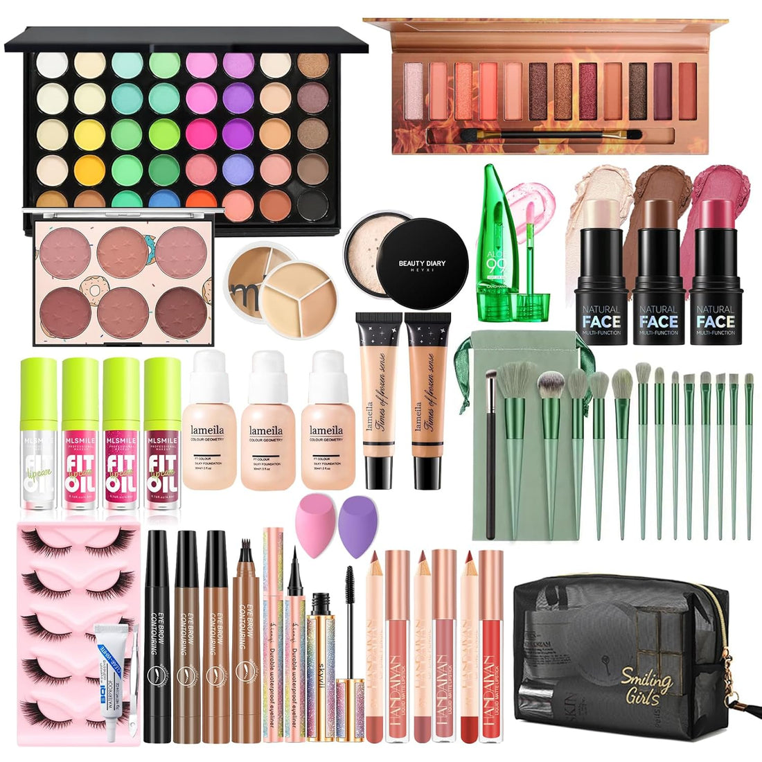 Comprehensive Girls Makeup Kit: 40-Color Eyeshadow Palette, Foundation, Contour Stick, and Additional Essentials