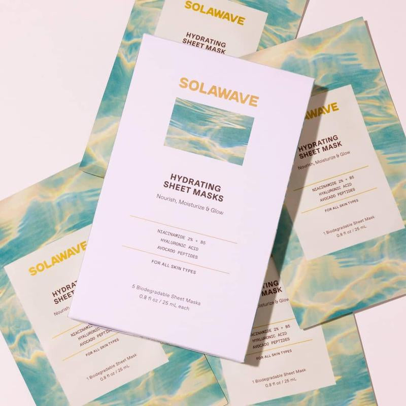 Solawave Collagen Peptide + Niacinamide + Hyaluronic Acid Facial Sheet Mask | Hydrating, Firming &amp; Brightening with Provitamin B5 &amp; Avocado Peptides - Timeless Beauty