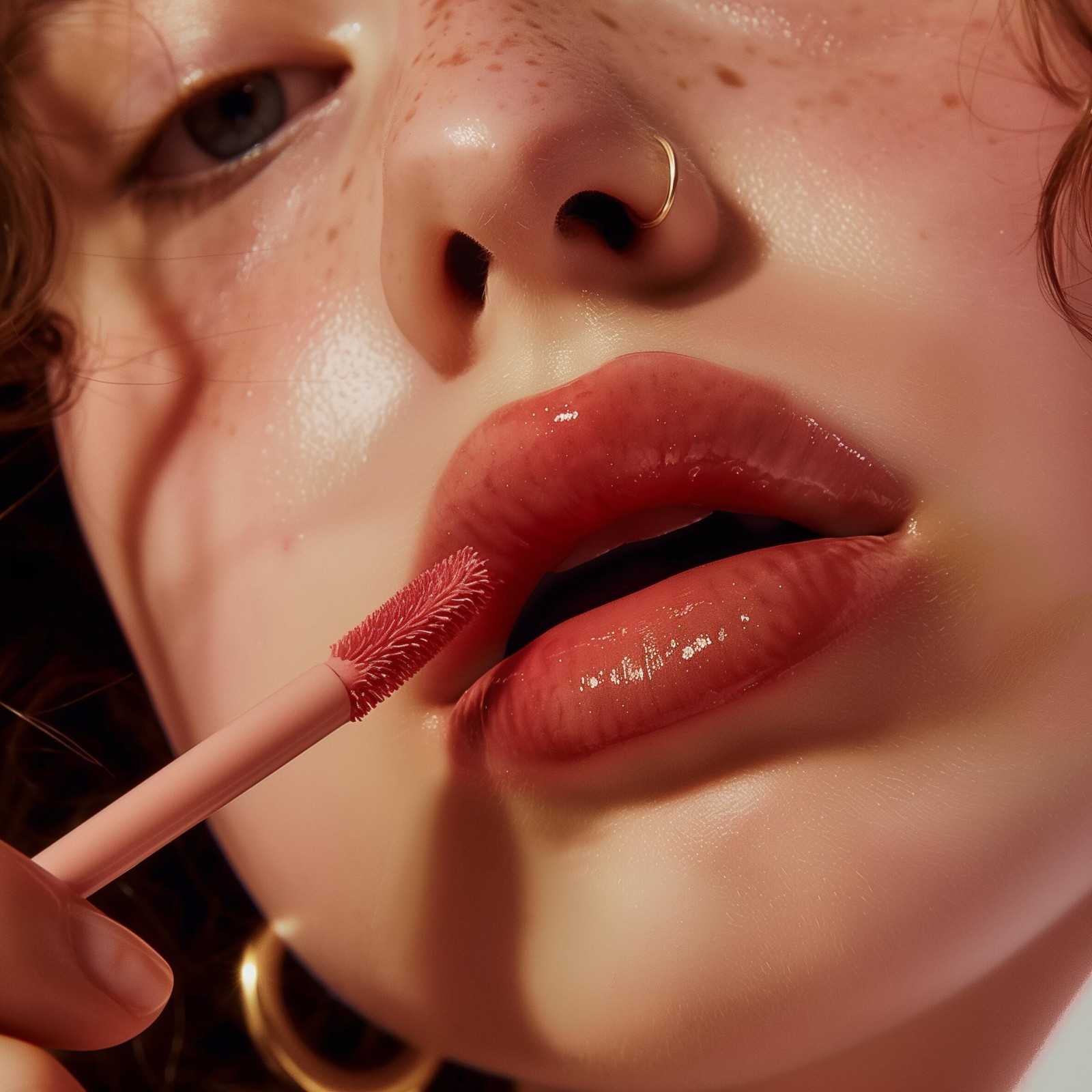 Close-up of glossy nude lips with hydrating finish, applied with a lip gloss applicator—perfect shade everyone is talking about.