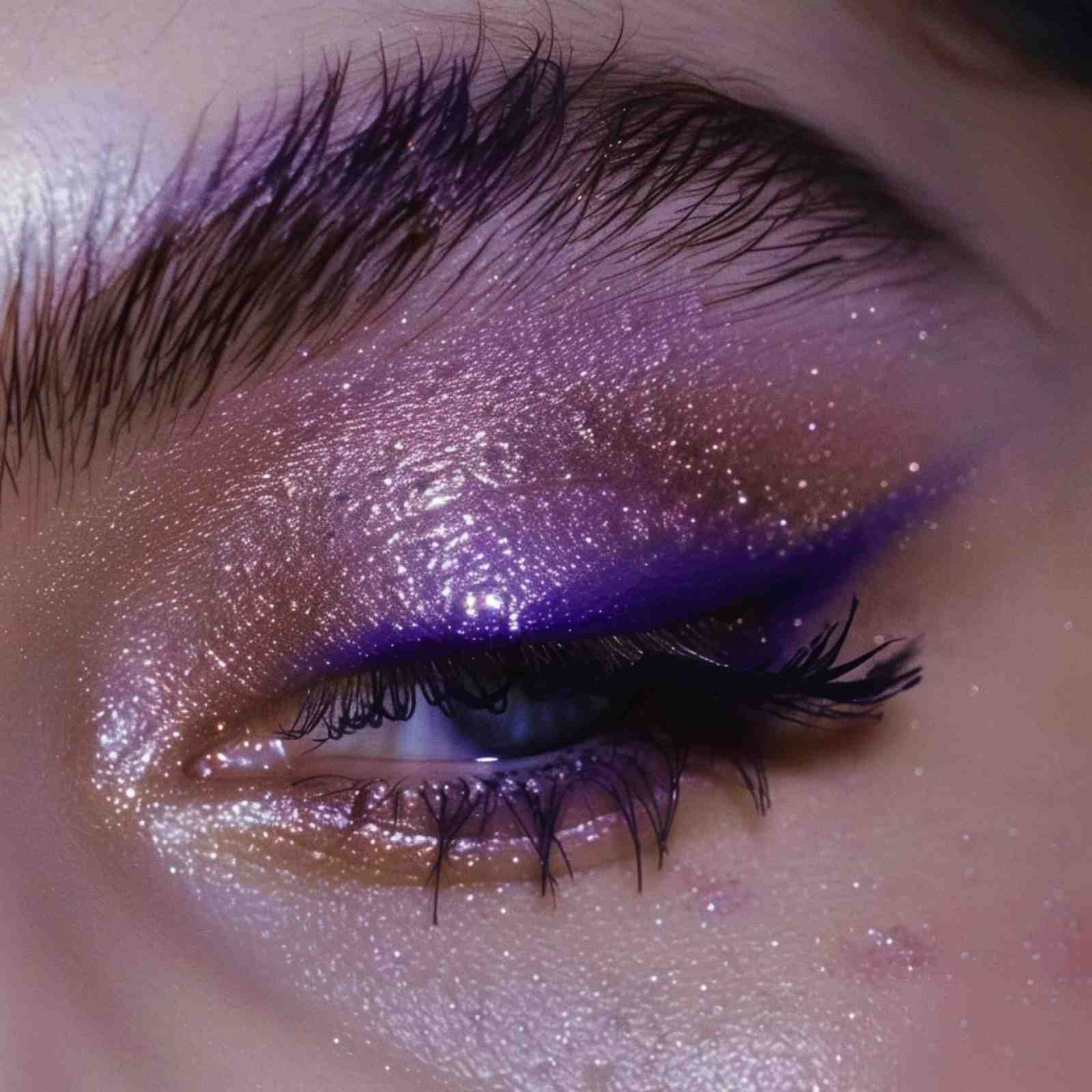 Close-up of a closed eye with bold, shimmering purple eyeshadow and a sharp violet eyeliner. The look is glamorous with a glossy finish.