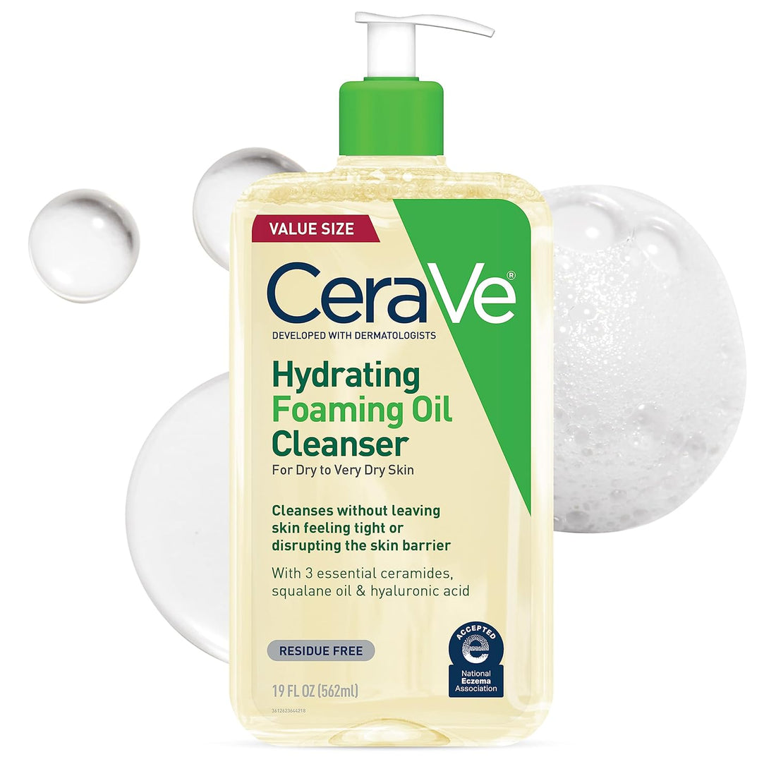Hydrating Foaming Oil Cleanser | Moisturizing Oil Cleanser for Face &amp; Body | Squalane Oil + Hyaluronic Acid + Ceramides | for Dry to Very Dry Skin | Fragrance Free &amp; Residue Free | 19 FL Oz - Timeless Beauty