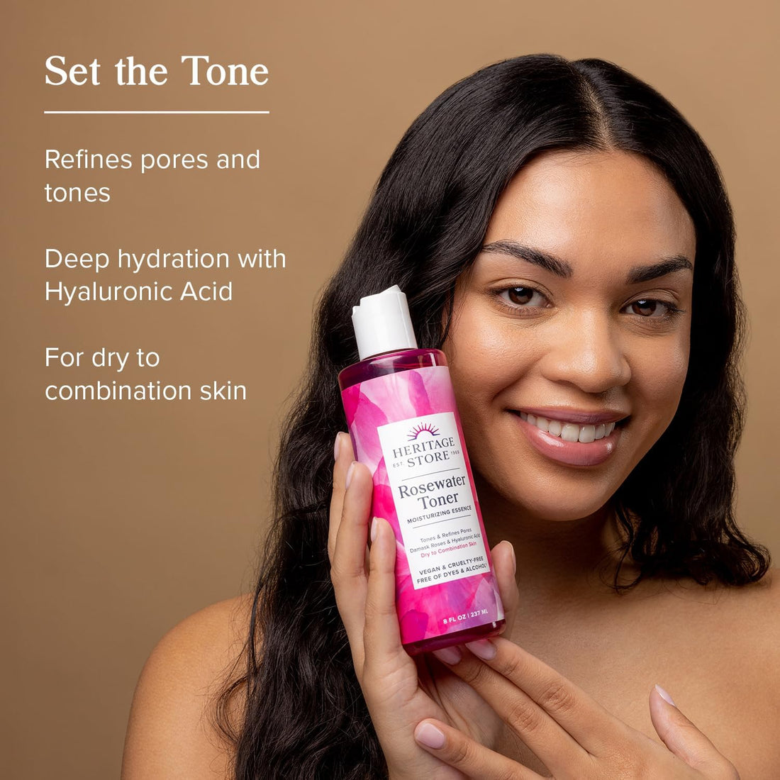 Rosewater Facial Toner with Hyaluronic Acid, Dry to Combination Skin, Hydrating Toner Refines Pores, Minimizes Look of Fine Lines and Wrinkles, Hypoallergenic, Vegan, Cruelty Free, 8Oz - Timeless Beauty