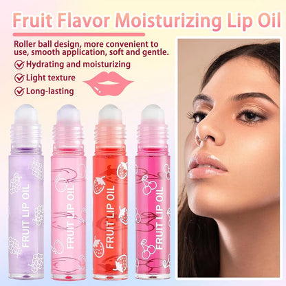 4-Piece Lip Oil Set, Moisturizing Transparent Lip Glow Oil, Fruit-Flavored Hydrating Roll-On Plumping Gloss, Long-Lasting Non-Sticky Shine Makeup Gift Kit