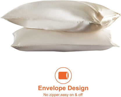 Queen Satin Pillowcase Set of 2 - Soft, Silk-like Pillowcases for Hair and Skin, Beige with Envelope Closure, 20x30 Inches - Timeless Beauty
