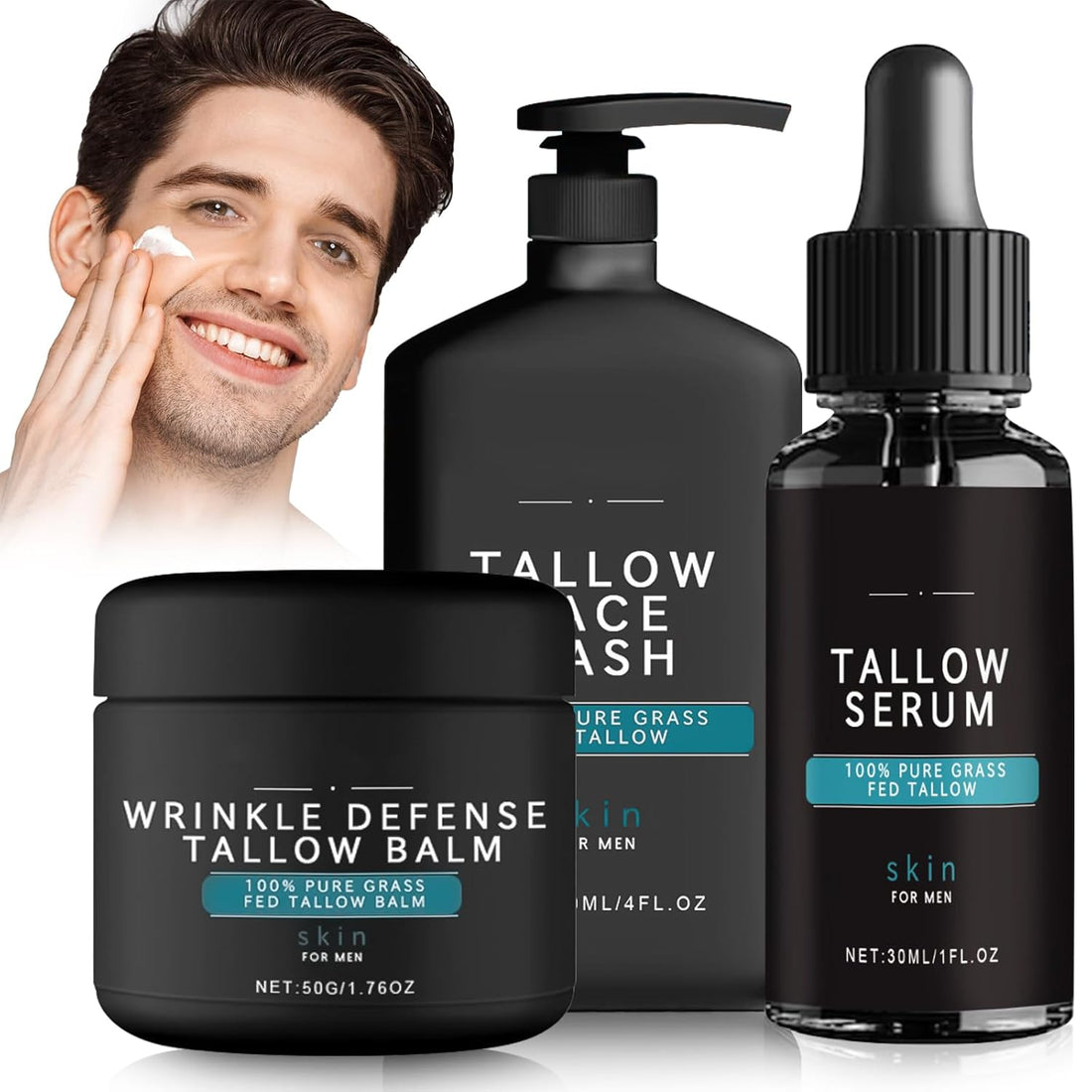 Wrinkle Defense Tallow Balm,Skin Care for Men,3 in 1 Mens Face Care Set (Tallow Cream+Tallow Night Serum+Face Wash),Natural Tallow Moisturizer for Face, Reduce Fine Lines and Wrinkles - Timeless Beauty