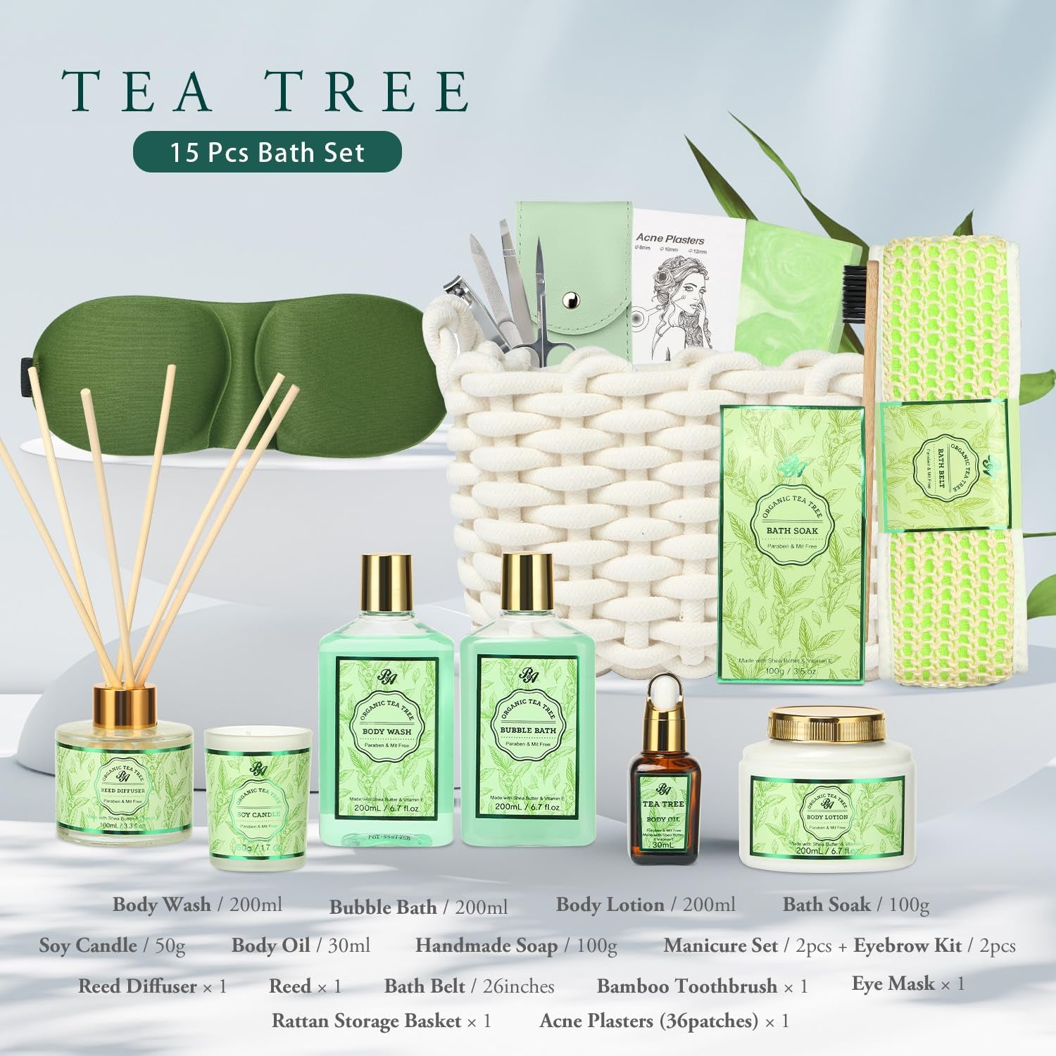 Spa Gift Set for Women, 15Pcs Spa Basket Set -Tea Tree Scented- Includes Body Wash, Bubble Bath, Bath Soak, Manicure Set, Gifts for Mom, Birthday Gifts for Women, Home Spa Kit Gift for Her - Timeless Beauty