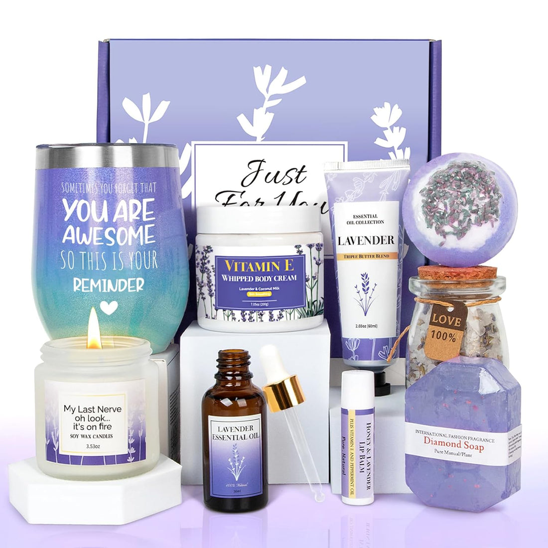 Lavender Gifts for Women - Care Package Relaxing Gifts - Lavender Spa Gifts Set, Self Care Gift for Women, Gift Baskets for Women Her Friend Sister Mom Wife, Christmas Lavender Gift Basket Ideas - Timeless Beauty