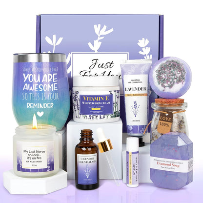 Lavender Gifts for Women - Care Package Relaxing Gifts - Lavender Spa Gifts Set, Self Care Gift for Women, Gift Baskets for Women Her Friend Sister Mom Wife, Christmas Lavender Gift Basket Ideas - Timeless Beauty