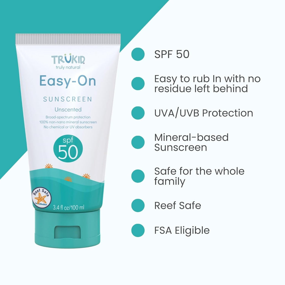 Easy on Mineral Sunscreen SPF 50 - Kids &amp; Baby Sunscreen for Face &amp; Body, Sunblock Protection for Sensitive Skin, Unscented, 3.4Oz - Timeless Beauty