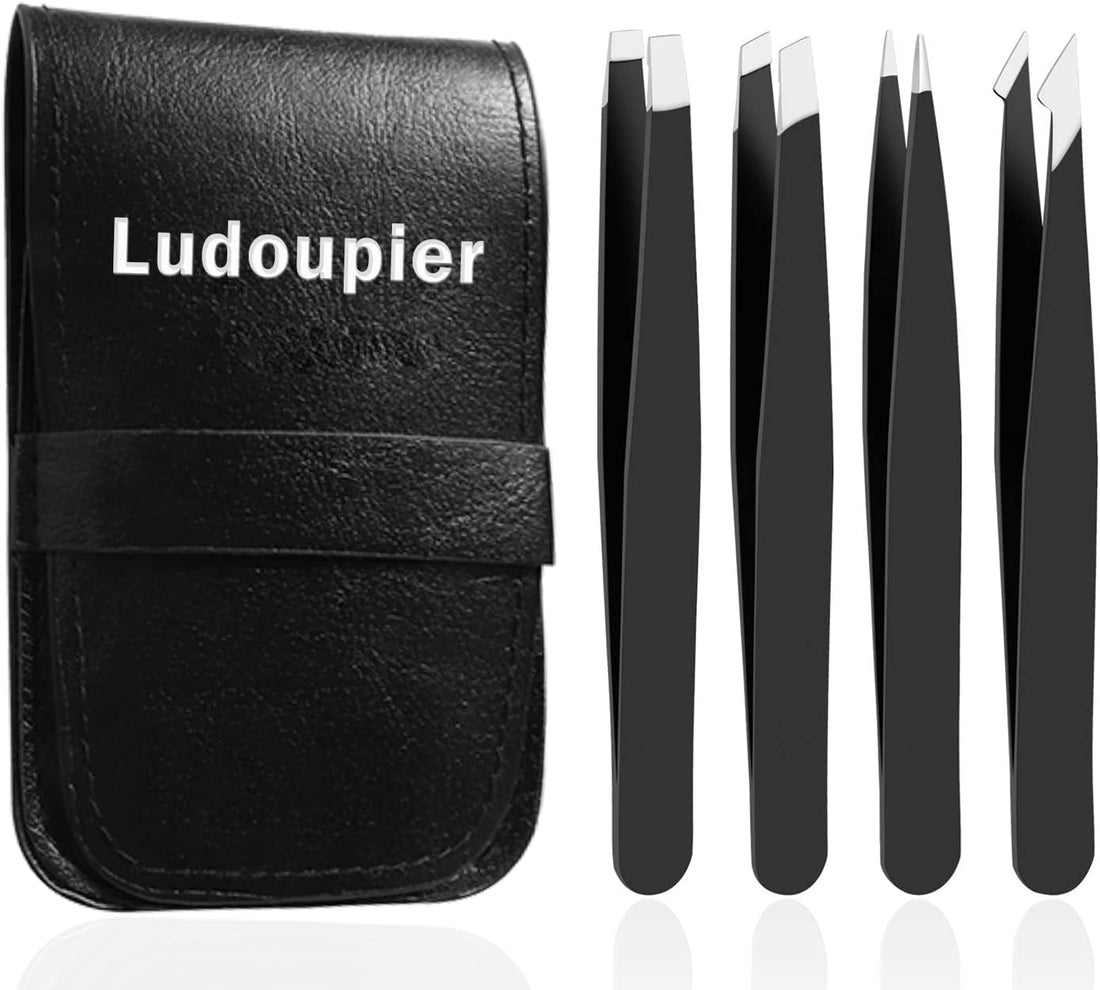 4-Piece Precision Tweezers Set with Travel Case - Professional Anti-Rust Alloy Tweezers for Eyebrow, Facial Hair, and Ingrown Hair Removal for Both Men and Women