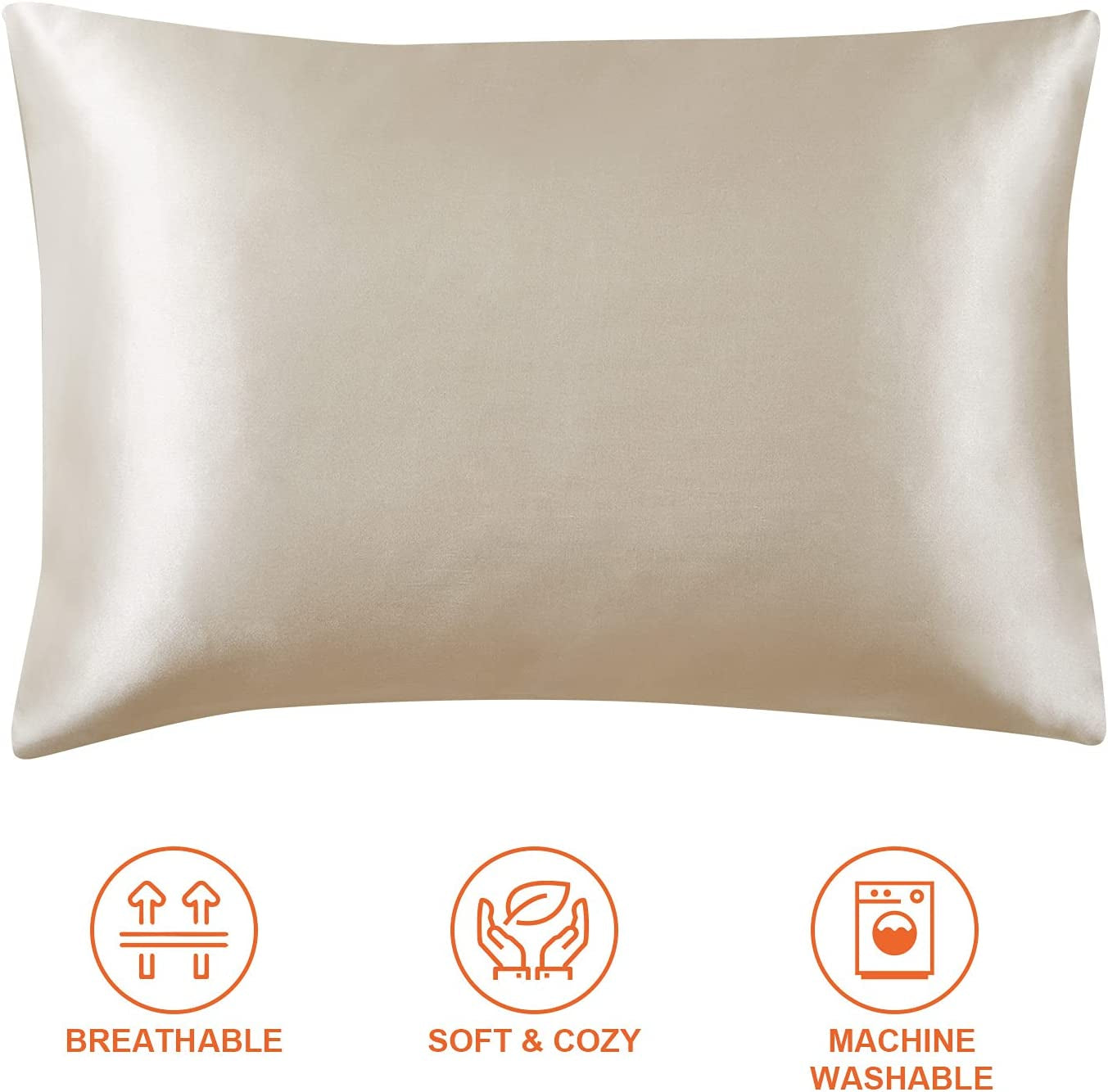 Queen Satin Pillowcase Set of 2 - Soft, Silk-like Pillowcases for Hair and Skin, Beige with Envelope Closure, 20x30 Inches - Timeless Beauty