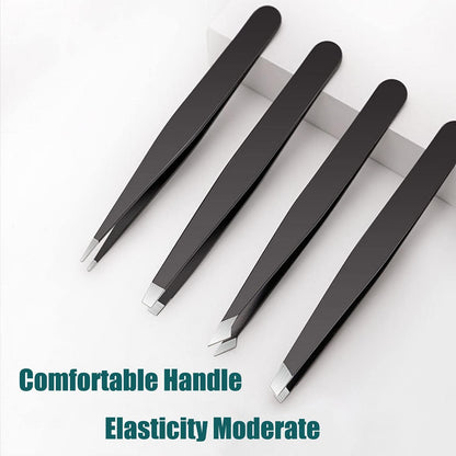 4-Piece Precision Tweezers Set with Travel Case - Professional Anti-Rust Alloy Tweezers for Eyebrow, Facial Hair, and Ingrown Hair Removal for Both Men and Women