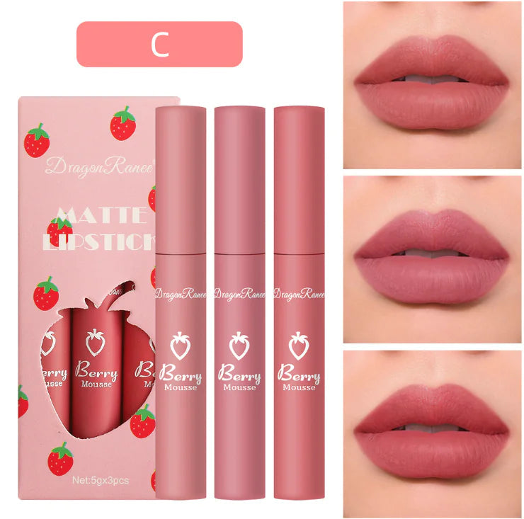 3-Piece Strawberry Matte Velvet Lip Set - Timeless Beauty