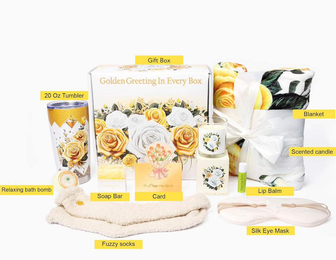 Care Package for Women 9 Pcs- Self Care Kit Birthday Basket for Women, Unique Get Well Soon Gift Baskets for Women, Thank You Box, Spa Gift Set Bundle for Mom, Her, Wife, Girlfriend, Coworker (White) - Timeless Beauty