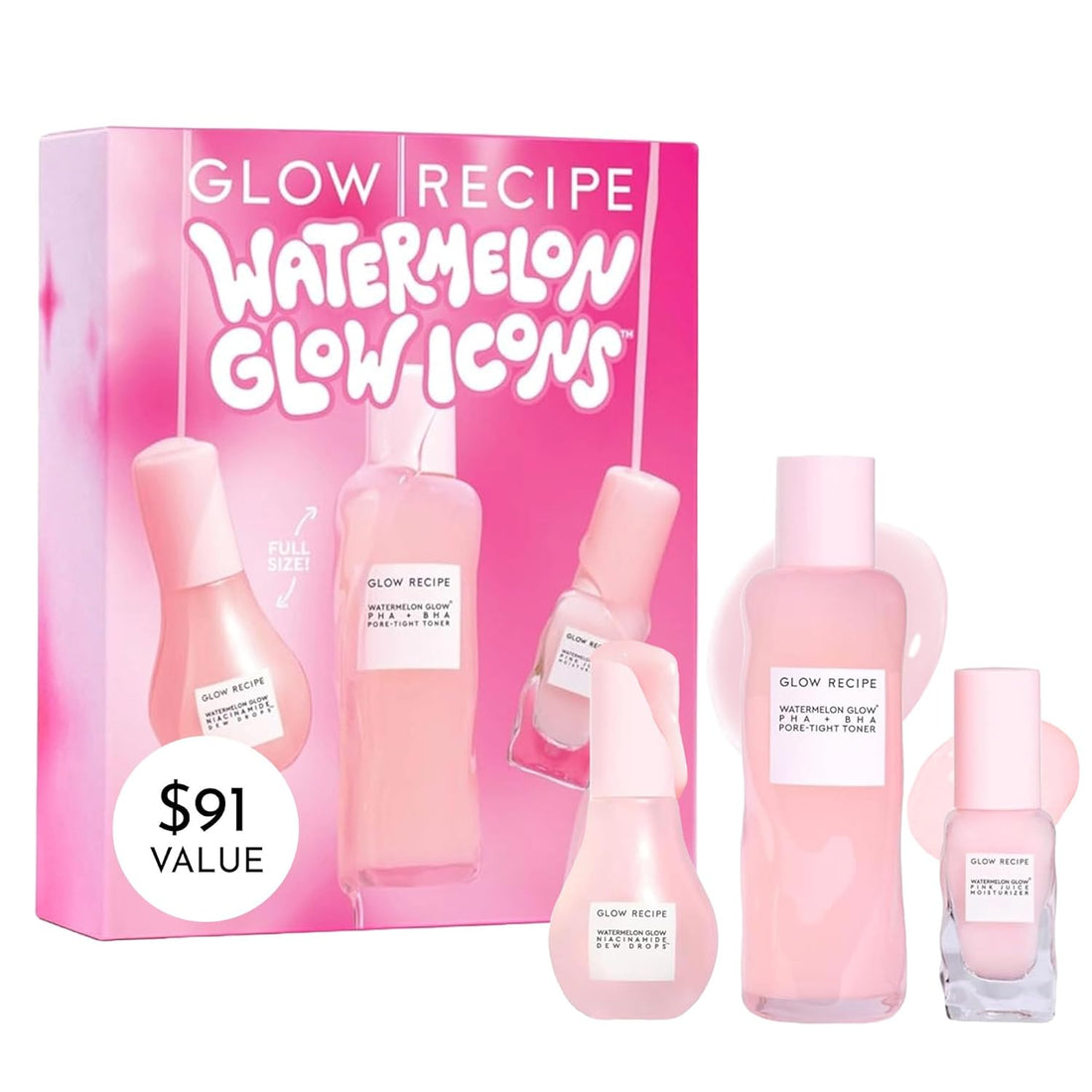 Watermelon Glow Icons Skin Care Gift Set - Niacinamide Dew Drops Face Serum + PHA + BHA Pore Minimizing Toner with Hyaluronic Acid + Pink Juice Facial Moisturizer (3 Count) - Timeless Beauty