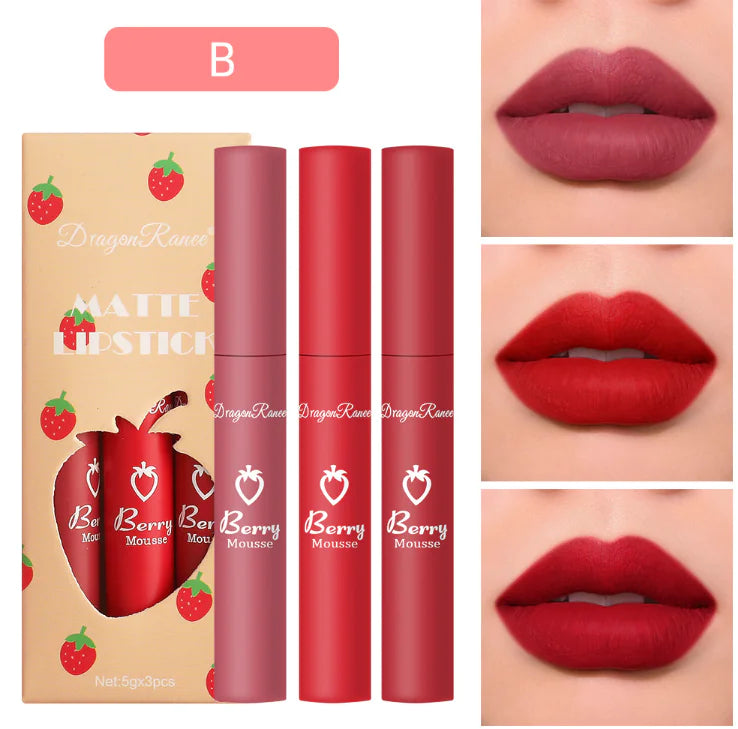 3-Piece Strawberry Matte Velvet Lip Set - Timeless Beauty